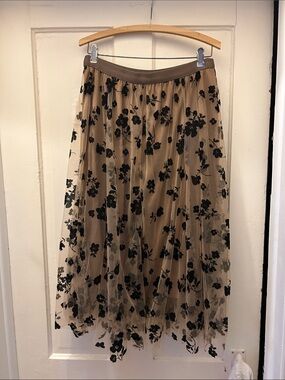 Burnout Velvet Layered Mesh Midi Skirt M Caramel Brown Black Floral Fairy Core